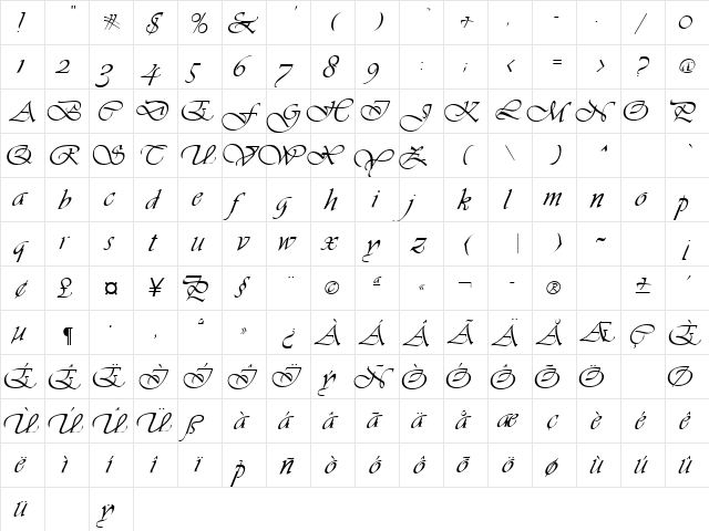 VIVACE Regular  glyph index