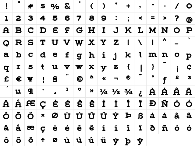 Grover Slab Bold  glyph index