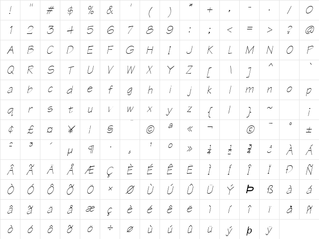 Tek Italic  glyph index