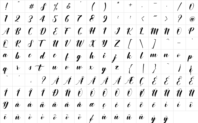 Khinta Script Regular  glyph index