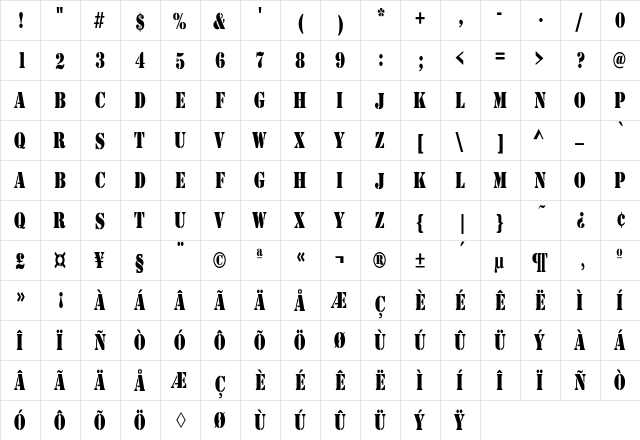 Rudy Condensed Regular  glyph index