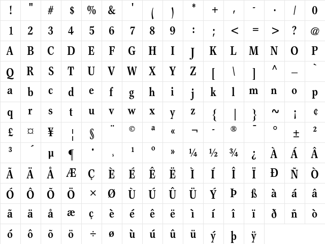 Garth Graphic Bold Condensed  glyph index