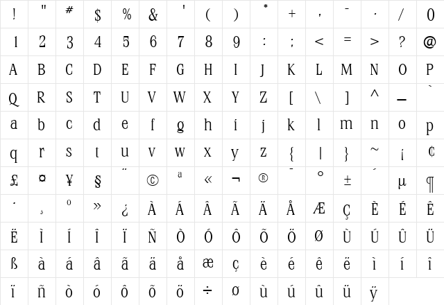 StirlingLight Roman  glyph index