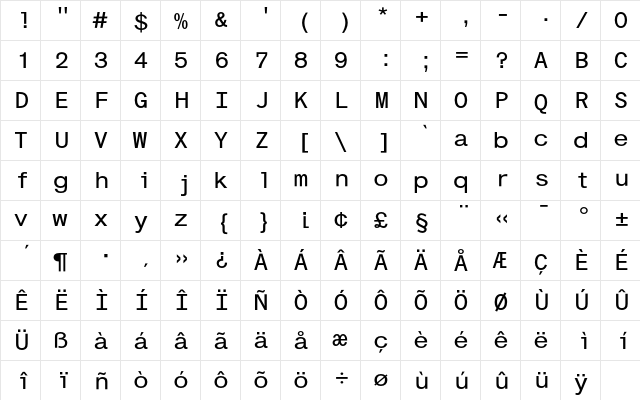 CashEF Monospace  glyph index