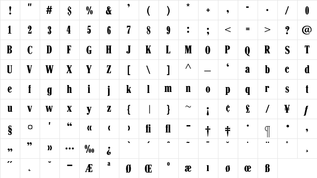 HancockBoldCondensed Regular  glyph index