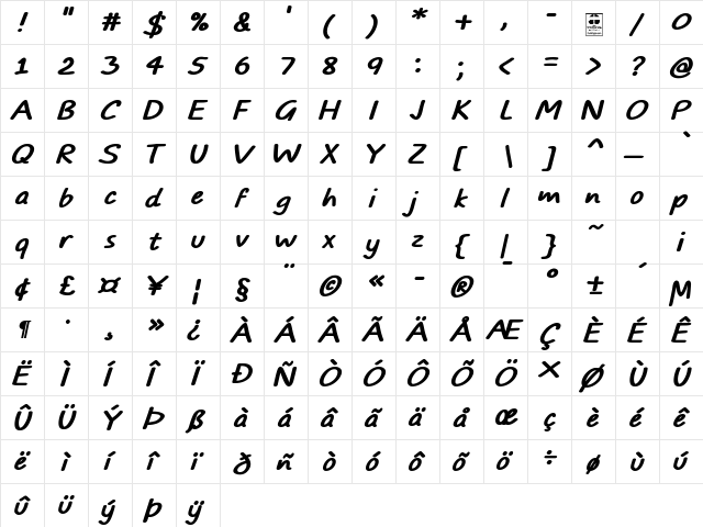 TYPO COMICS Bold Italic DEMO Regular  glyph index