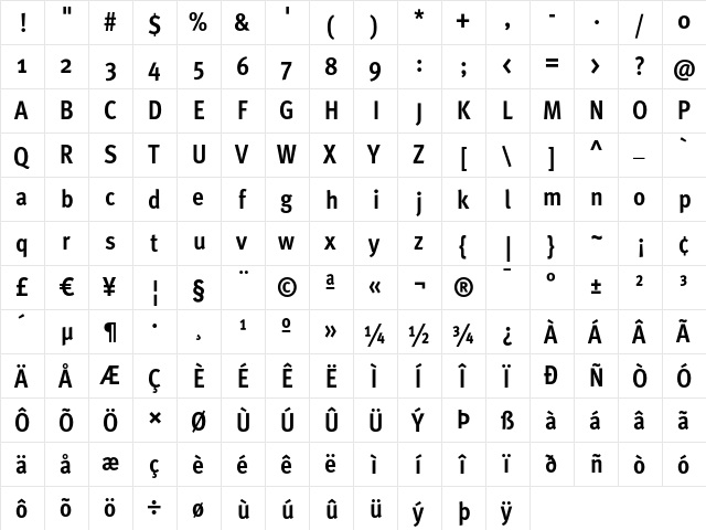 MetaCondBold Roman  glyph index