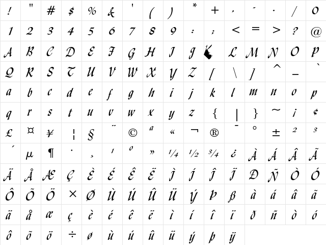 Lydian Cursive Regular  glyph index