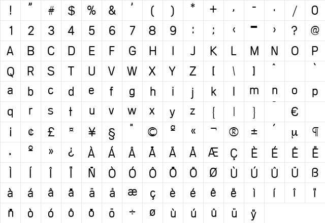 Mercedes-Light Regular  glyph index