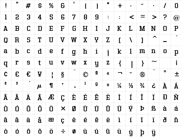 Gasoline Serif BTN Regular  glyph index