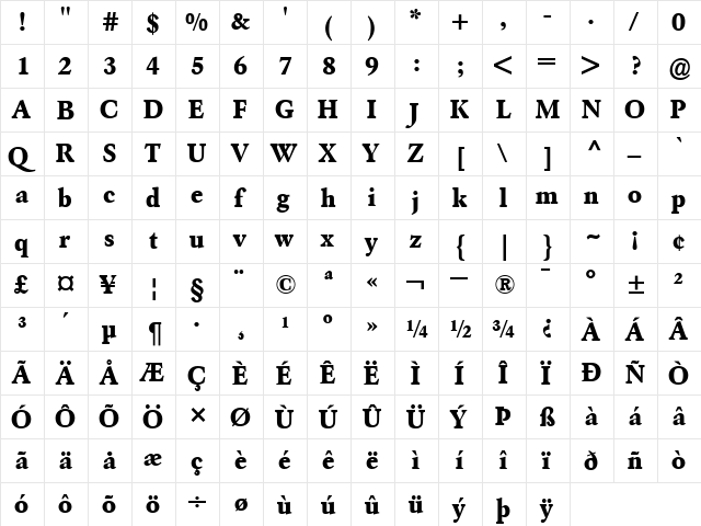 GaramondBE Bold  glyph index