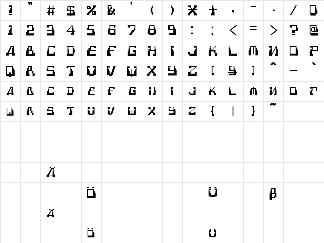 Technodelic Regular  glyph index
