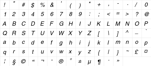 HeliosC Italic  glyph index
