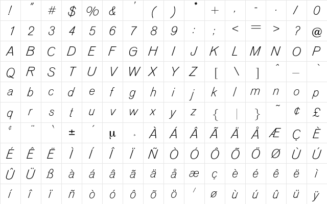 Aurora Regular  glyph index