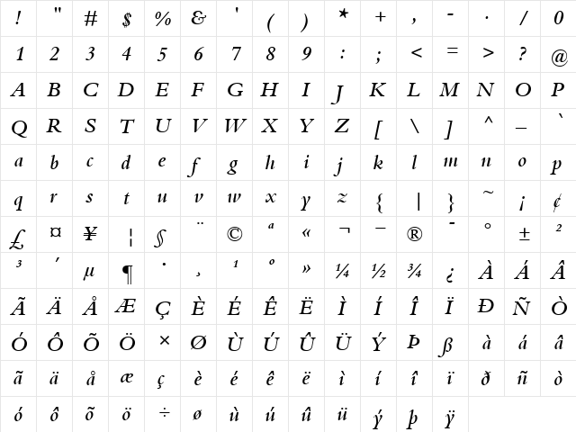 Bembo-SemiBold Semi BoldItalic  glyph index