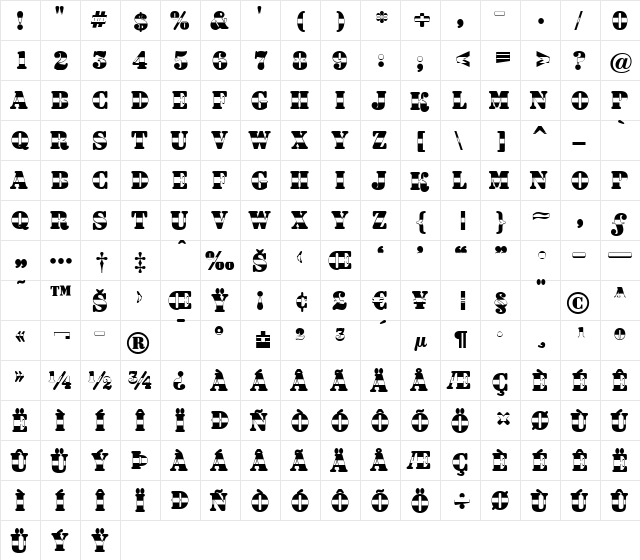 a_DodgerB&W Bold  glyph index