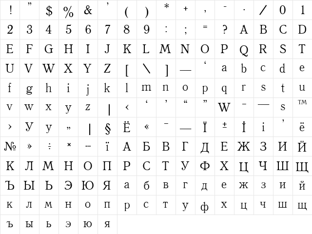 Quant Antiqua Plain  glyph index