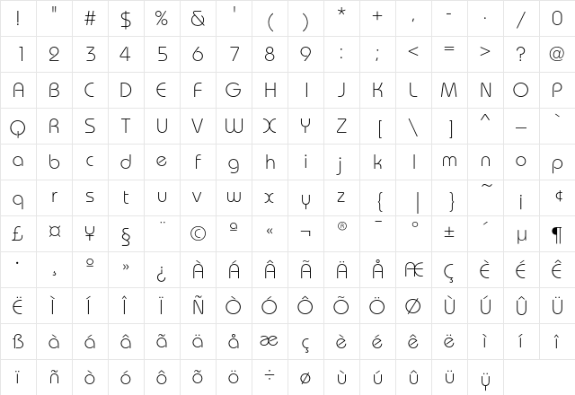 BauhausEF-Light Regular  glyph index