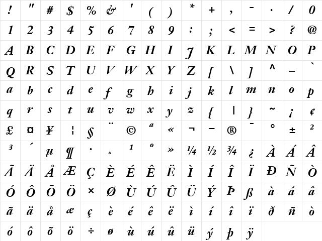 JansonText76 BoldItalic  glyph index