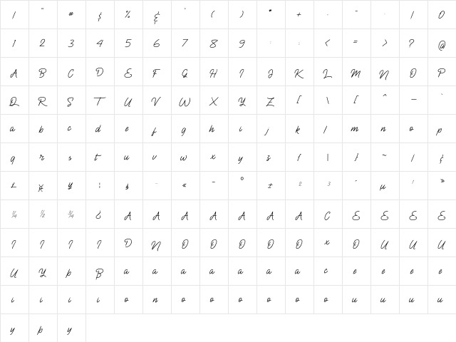 BlueQueen Regular  glyph index