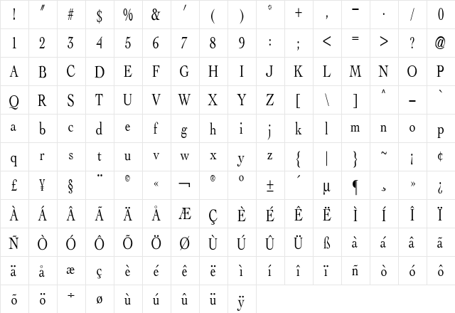 Albatross Regular  glyph index