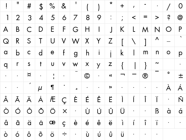 Modern Regular  glyph index