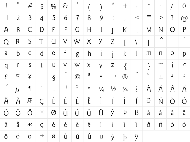 ITC Goudy Sans Light  glyph index