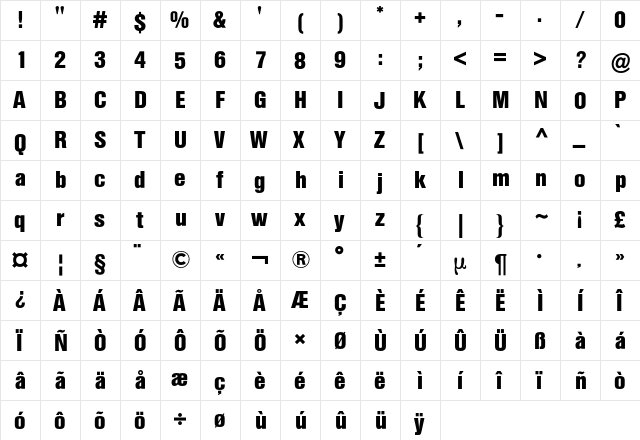 Helvetica Condensed BQ Regular  glyph index