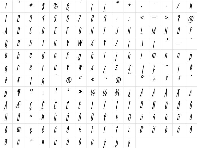 Labtop Secundo Bold Italic  glyph index