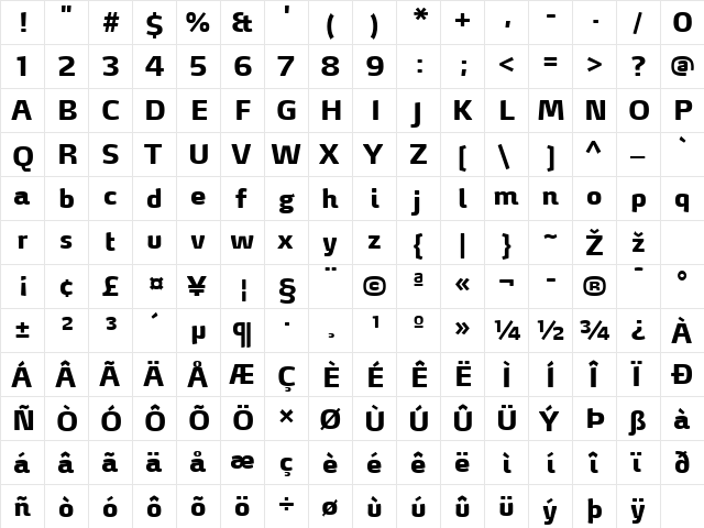 MaxDemiSerifLF-ExtraBold Regular  glyph index