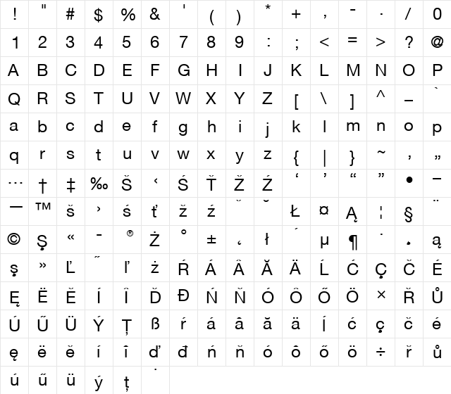 Helvetica CE 55 Roman Regular  glyph index