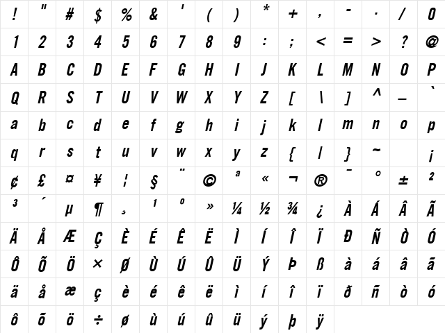 Commerce Condensed SSi Semi Bold Condensed Italic  glyph index