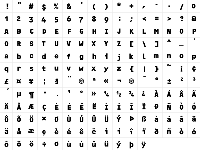 OCRF BoldOSF  glyph index