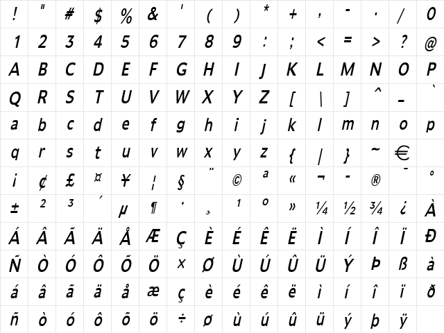 AdamsThin Italic  glyph index