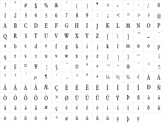 Nadine Thin Normal  glyph index