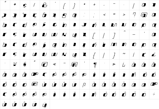 Jakone Italic  glyph index