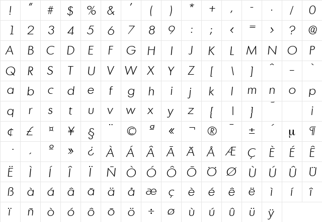 Montreal-Serial-Light RegularItalic  glyph index