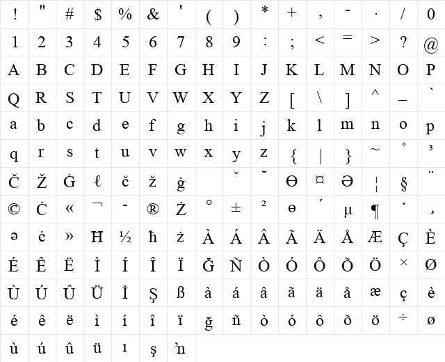Liborsoft Latin E Regular  glyph index