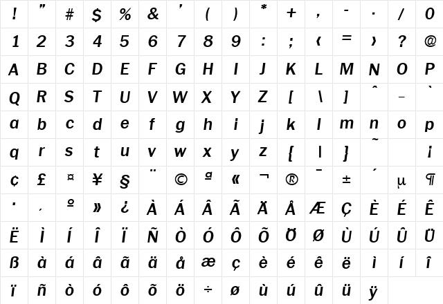 Plymouth-Serial BoldItalic  glyph index