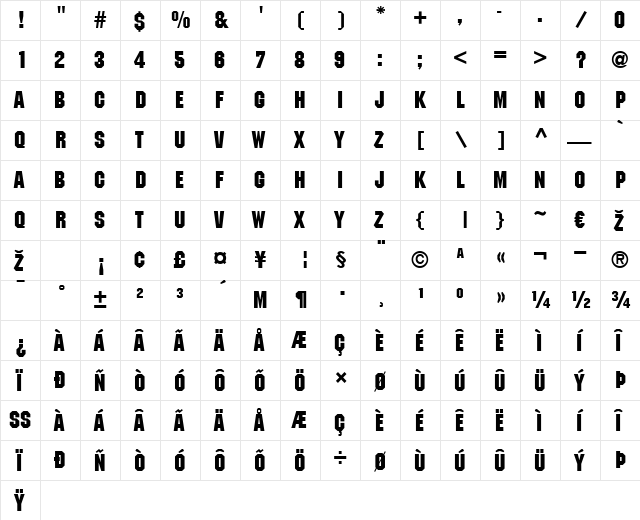 Machine LT Regular  glyph index