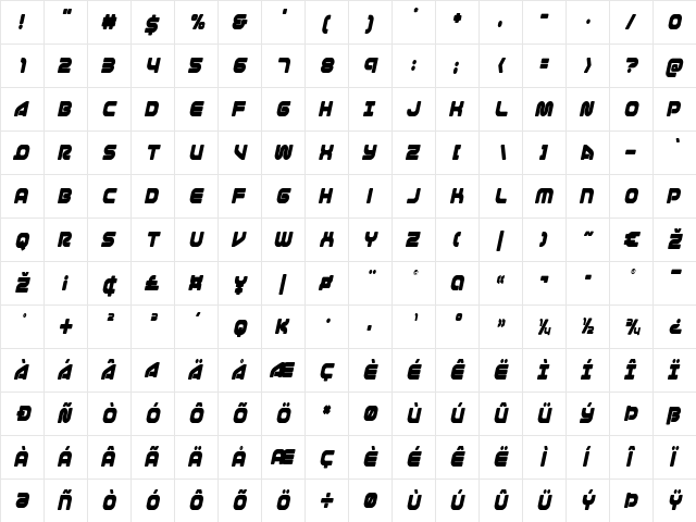 1st Enterprises Condensed Italic Condensed Italic  glyph index