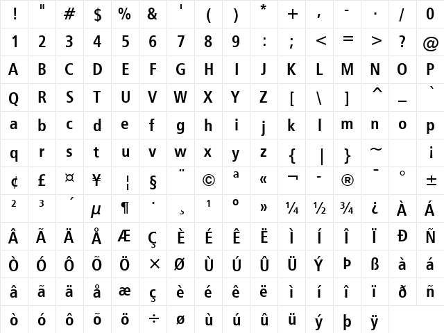 Humnst777 Cn BT Bold  glyph index