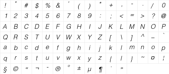 HeliosLight Italic  glyph index