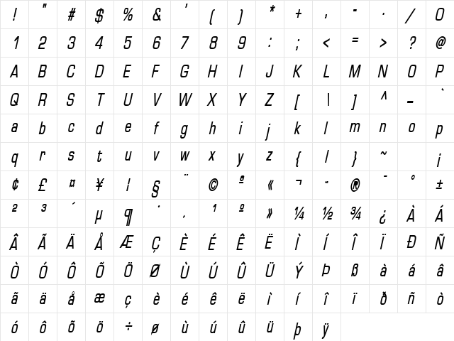 Eurasia Thin BoldItalic  glyph index