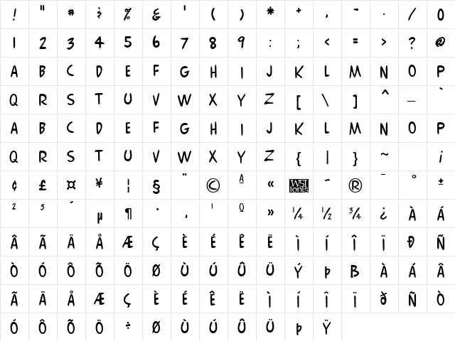 Comix Regular  glyph index