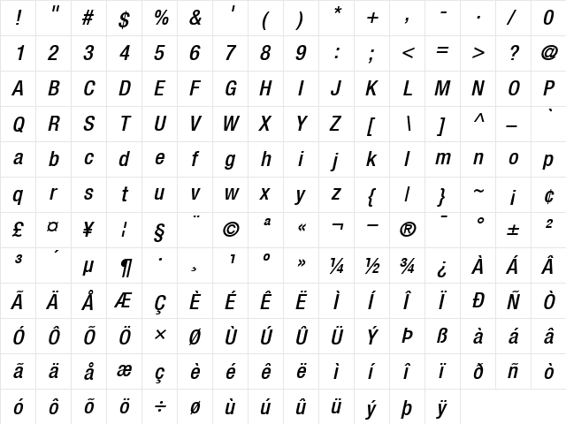 Helvetica67-CondensedMedium MediumItalic  glyph index