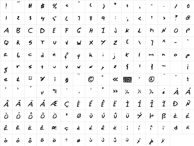 VincentsHand Regular  glyph index