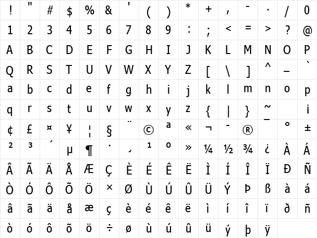 Nina Regular  glyph index