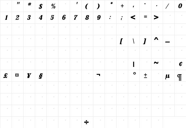 StirlingExtraBoldItalicTab Roman  glyph index
