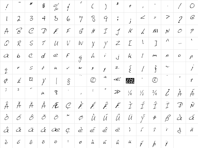 AlvinsHand Regular  glyph index
